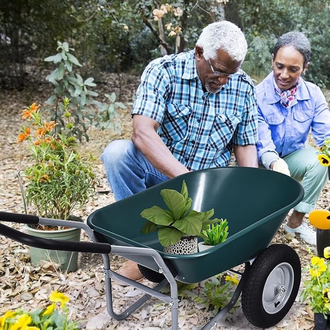 Goplus Dual Wheel Wheelbarrow, Heavy Duty Garden Cart, 330 lbs Capacity Utility Cart with Two 13 inches Pneumatic Tires for Outdoor Lawn Yard Farm Ranch