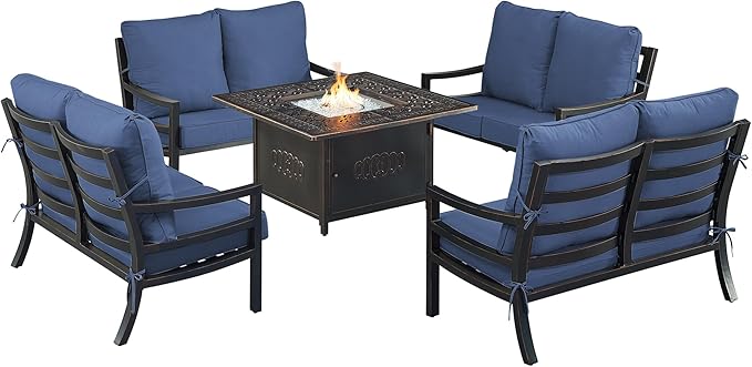 Oakland Living Black Aluminum Patio Fire Table Set with Four Deep Seating Loveseat with Cushions with Blue Cushions