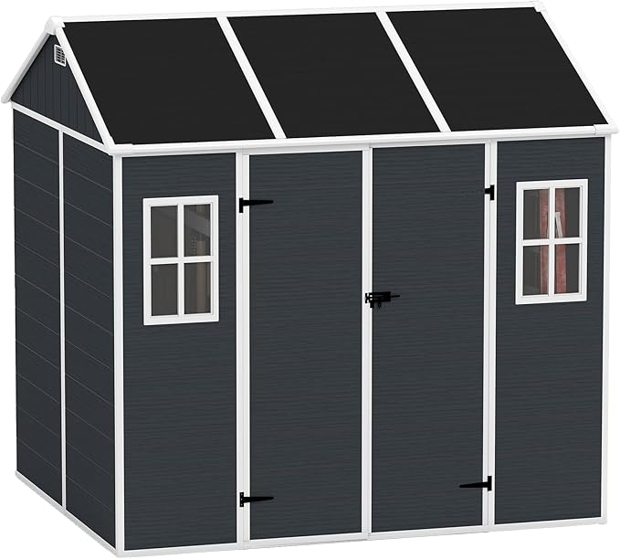 Outdoor Storage Shed 7.5x7 FT, Resin Shed with Floor & Window, Lockable Door, Vents, Outside Sheds & Garden Shed for Patio Furniture, Gardening Tools, Pool Equipment (Dark Gray, 7.5 * 7ft)