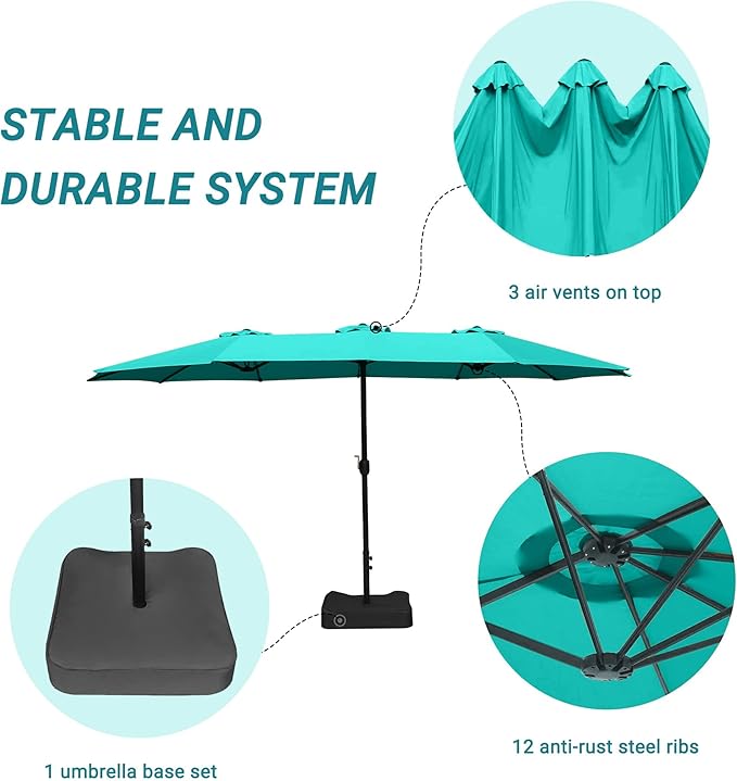 Bigroof 15ft x 9ft Patio Double-Sided Umbrella with Base & Crank, Extra Large Rectangular Outdoor Umbrella for Patio, Lawn & Garden, Beige