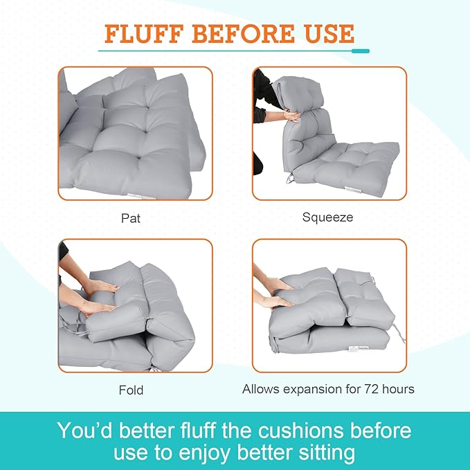 EAGLE PEAK Tufted Outdoor/Indoor High Back Patio Chair Cushions, Set of 2, 46'' x 22'', Light Gray