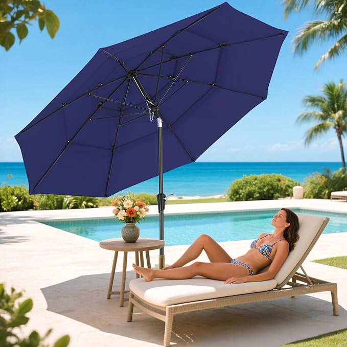 9 FT Outdoor Patio Umbrella, 3 Tier Market Table Umbrella with 8 Sturdy Fiberglass Ribs and 1.5’’ Pole, Smooth Button Tilt Patio Umbrella for Backyard Pool Garden, Blue(No Base)