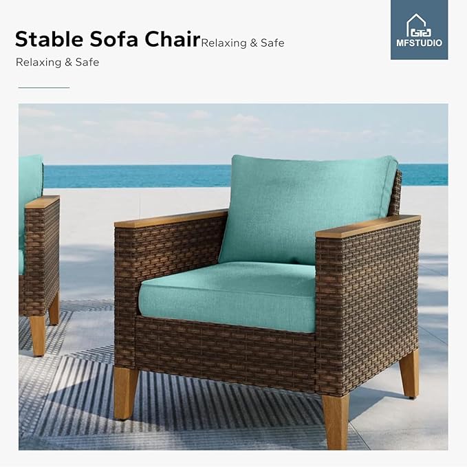 MFSTUDIO 10 Pieces Wicker Patio Furniture Set, Half-Moon Curved Rattan Patio Conversation Outdoor Sectional Sofa Set, 4 x Curved Sofa, 1 x Armless Couch, 4 x Ottoman, 2 x Single Chair(Aqua Blue)