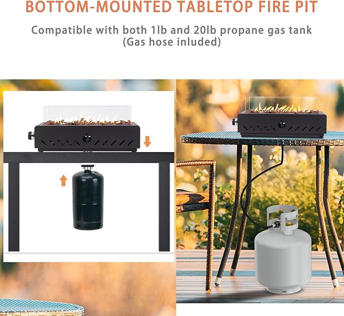 ONLYFIRE OUTDOOR LIVING 18" Tabletop Propane Gas Fire Pit Bottom-mounted for Table with Umbrella Hole, Portable Smokeless Firepit with Glass Wind Guard for Patio Backyard Camping RV Tailgating, #FP027