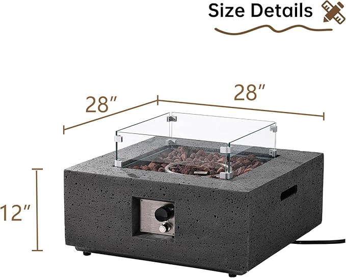 SUNBURY Outdoor Travertine Fire Pit Table, Propane Burning Fire Pit, 35 inch Square Patio Firepit, 50000 BTU Fire Table with Waterproof Cover and Glass Stones, Gray