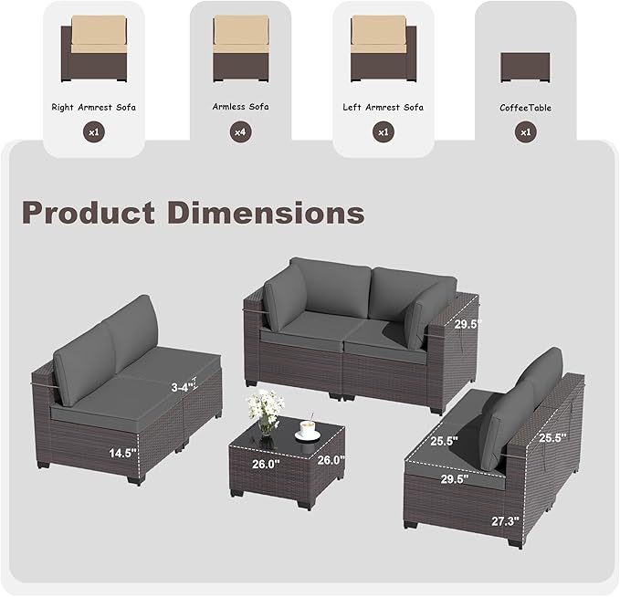 Kurapika 7 Pieces Patio Furniture Set, Rattan Wicker Outdoor Conversation Sets w/4 Inch Cushion and Glass Coffee Table(Grey)