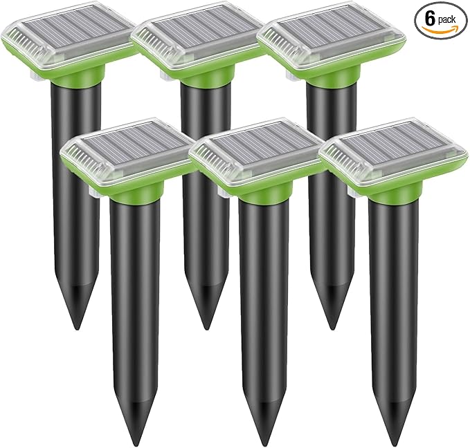 Ultrasonic Mole Repellent Outdoor, 6 Pack Gopher Repellent Solar-Powered for Lawn Yard and Garden, Waterproof Mole Killer Traps, Effectively Repels Gopher Vole Groundhog Snake, Green