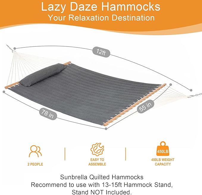 Lazy Daze Hammocks 12 FT Sunbrella Quilted Hammock Double Hammock with Hardwood Spreader Bar, for Patio Outdoor Outside All Weather, 450 lbs Capacity, Cast Slate