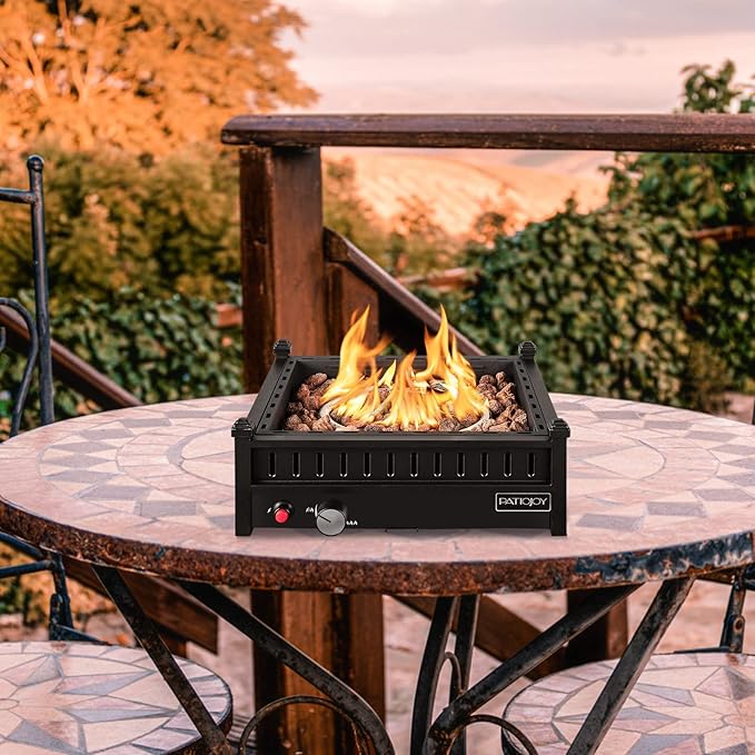 Tangkula Portable Tabletop Propane Fire Pit, Patiojoy 40,000 BTU Table Top Fireplace with Simple Ignition System, Adjustable Flame, Square Propane Firepit Bowl for Outdoors, Fit 2" Umbrella Hole Table
