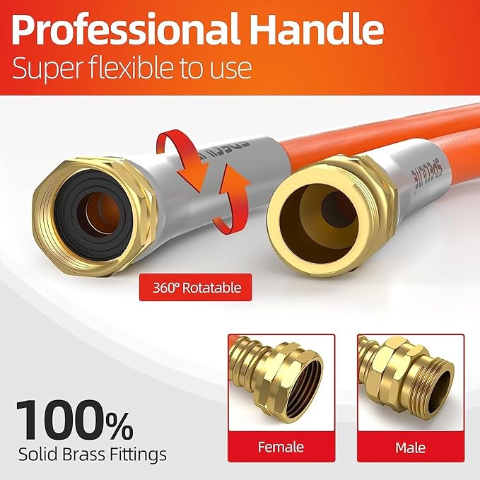 SPECILITE Garden Water Hose 15 ft x 5/8 in, Heavy Duty Leader Pipe Extension, Flexible, Lightweight Kink-less,Hybrid Rubber, with 3/4" Brass Fittings, Orange