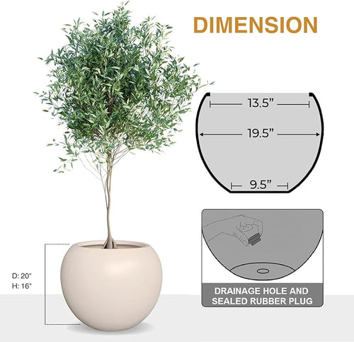 16”H x 20”D Globo Fiberstone Round Planter - Christmas Tree Planter, Smooth Finishes, Weather Resistant for Indoor & Outdoor Use, Included 2 Extra Coco Mats (Kilim Beige, 13.5” Pot Opening)
