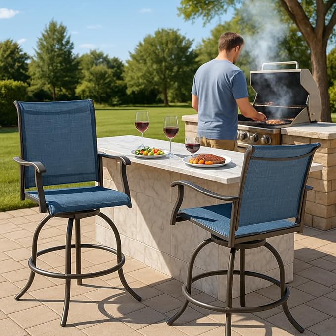 Kozyard Isabella Outdoor Patio High Swivel Bar Stools/Chairs Set for 2 Counter Height Tall Patio Swivel Chairs for Backyard Cafes Bistro Restaurants Chic Bars (NavyBlue/Textilence)