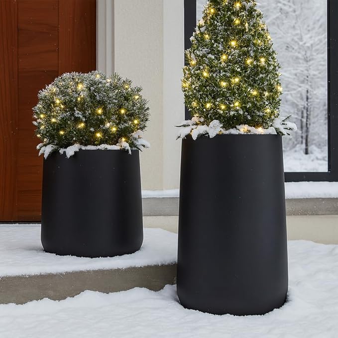 15.3"H x 15"D Conico Fiberstone Round Planter - Christmas Tree Planter, Smooth Finishes, Weather Resistant for Indoor and Outdoor Use, Included 2 Extra Coco Mats (Black, 11.7" Pot Opening)