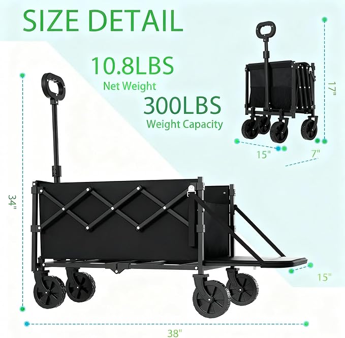 Small Collapsible Wagon with Extended Tailgate, Wagons Carts Folding with 300lbs Capacity, Lightweight Portable Utility Wagon Cart for Shopping Camping Sports Garden(Black)