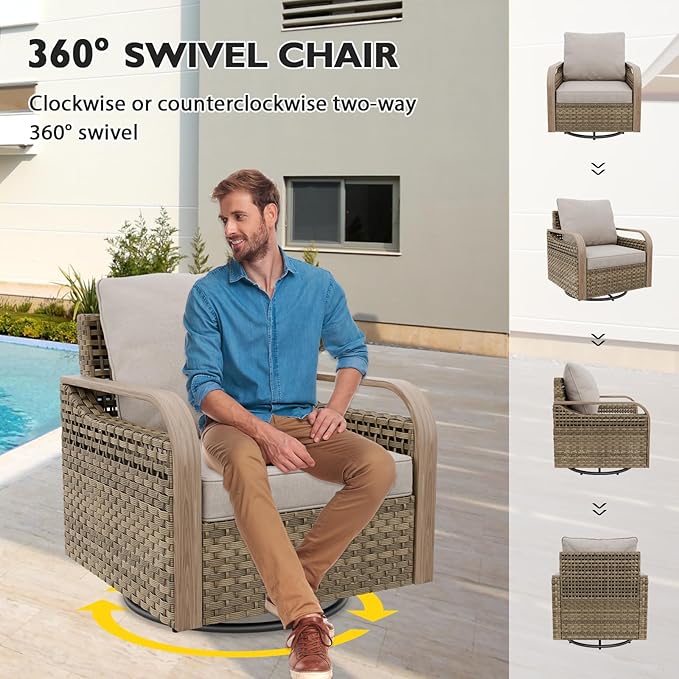 EAGLE PEAK Modern Wicker Outdoor Patio Furniture Set, Patio Conversation Set, 2 Swivel Rocking Chairs, 2-Seat Loveseat and 2 Ottomans, 5 Pieces, Brown/Gray