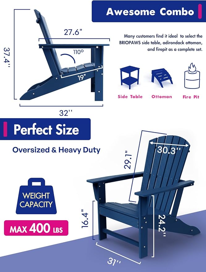 BRIOPAWS Adirondack-Chairs-Set of 6 | Fire Pit Chair | Oversized | HDPE Plastic | Weather Resistant | for Deck Outdoor Poolside Campfire | Blue