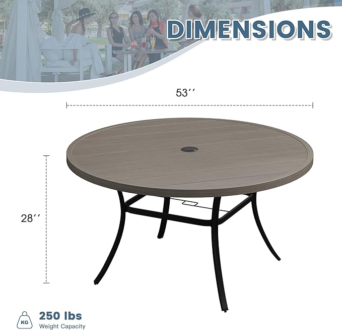 DIFY Patio Round Dining Table, 53" All Weather Round Outdoor Table with 1.57" Umbrella Hole for 8 Person, Perfect for Yard, Balcony and Lawn, Grey Wood-Like