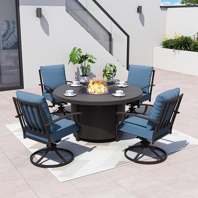 Kurapika 5 Piece Metal Outdoor Patio Furniture Set with Round Fire Pit Table, Patio Conversation Sets 4 Swivel Chairs with Thick Cushion and 40000 BTU Fire Pit Table, Navy Blue