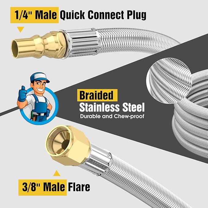 24FT Quick Connect Propane Hose for RV to Gas Grill, RV Quick Connect with 1/4" Safety Shutoff Valve, LP Quick Disconnect Propane Hose with Elbow Adapter for Blackstone 17"/22" Griddle