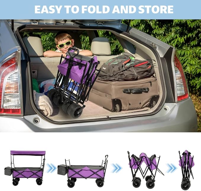 480Lbs Collapsible Kids Wagon with Canopy, Lightweight Foldable Hand Cart, Large Capacity for Camping, Shopping, Sports, and Garden Use
