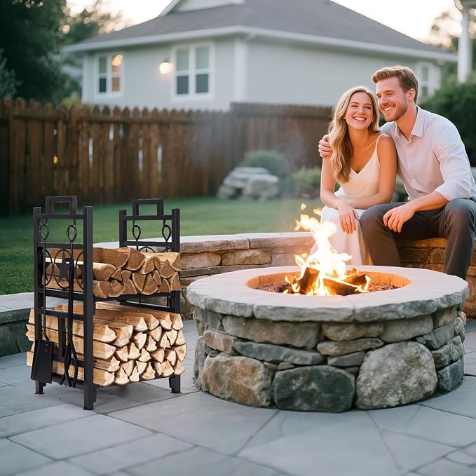 INNO STAGE Firewood Rack Fireplce Firepit Tools Set Double Layer Iron Wood Log Holder for Fire Place Outdoor Indoor Accessories-Brush, Shovel, Tong, Hook