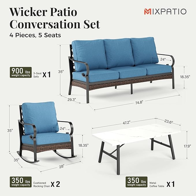 Patio Furniture Set with Coffee Table, Outdoor Conversation Set with 2 x Rocking Chairs, 1 x 3-Seat Sofa for Lawn Garden Backyard, Navy Blue