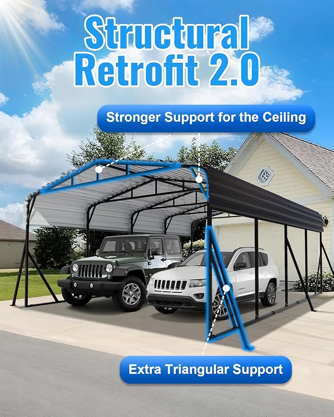 20X20FT Heavy Duty Carport, Metal Carport with Reinforced Frame & Side Support Poles for All-Weather, Large Outdoor Car Port Suitable for Parking Pickup, Boat, Car, and Tractor