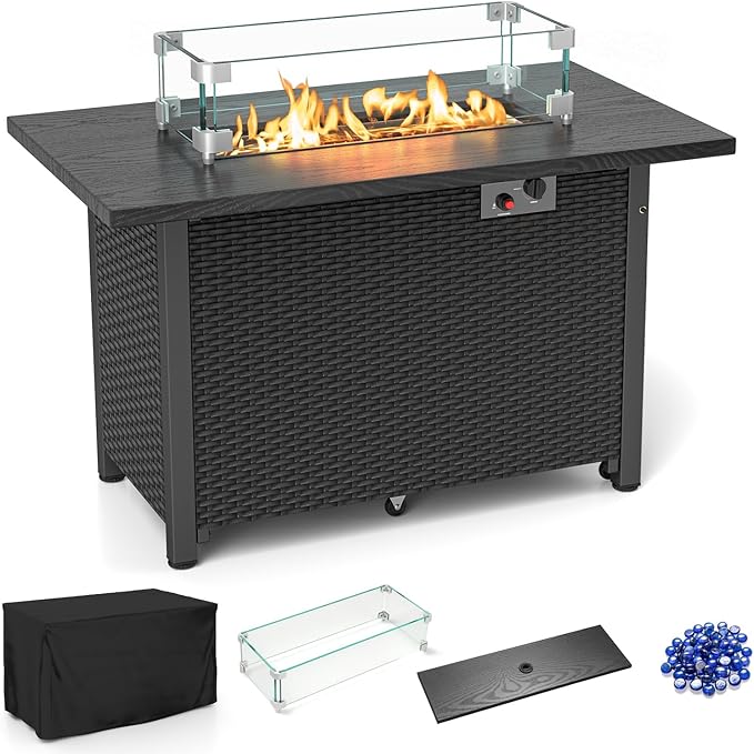 Tangkula Outdoor Propane Fire Pit Table, 42 Inch Rectangular Rattan Fire Table with Wind Guard & Glass Rocks, 50,000 BTU Smokeless Gas Fire Pit for Outside Patio (Black)