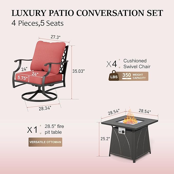 HERA'S HOUSE 5 Pieces Fire Pit Patio Furniture Set, 4 x Thick Cushioned Swivel Chairs with 28" Fire Pit Table (50,000 BTU), Outdoor Conversation Set for Garden Backyard Lawn, Red