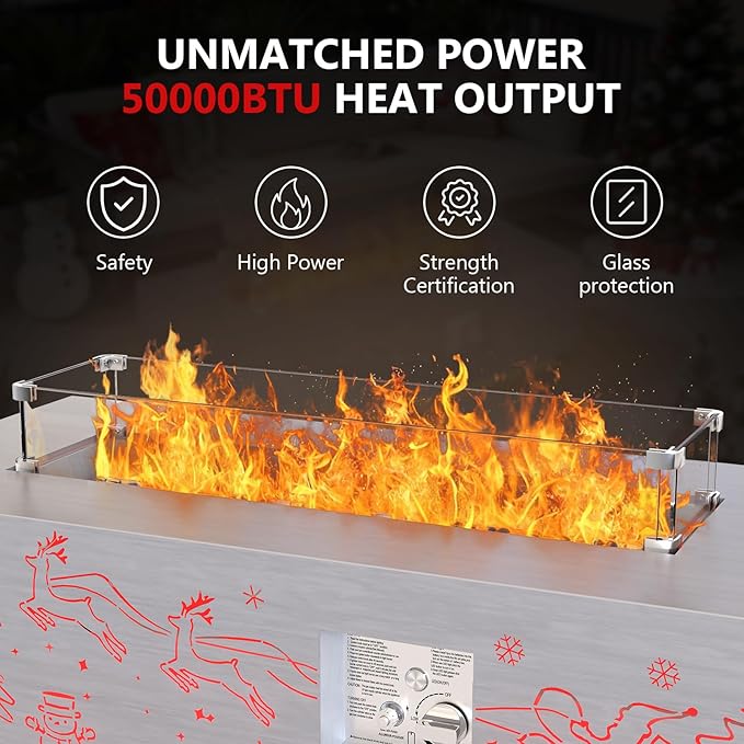 Dineli Propane Fire Pit Table 42 Inch Gas Fire Pits & Outdoor Fireplaces w LED, Tabletop Fire Pit Firepits for Outside Patio, 50,000 BTU (Light Gray, Christmas Pattern with RGB Light)