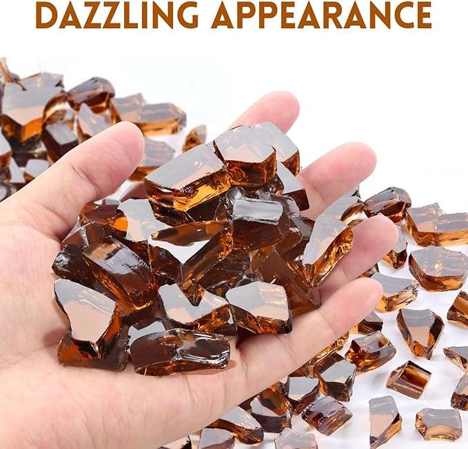 GasSaf 1/2 Inch Fire Glass Reflective Tempered Fireglass Cut Crushed FireGlass for Fire Pit, Fireplace, Replaces Existing Gas Logs & Lava Rocks (10 Pound)(Amber Reflective).