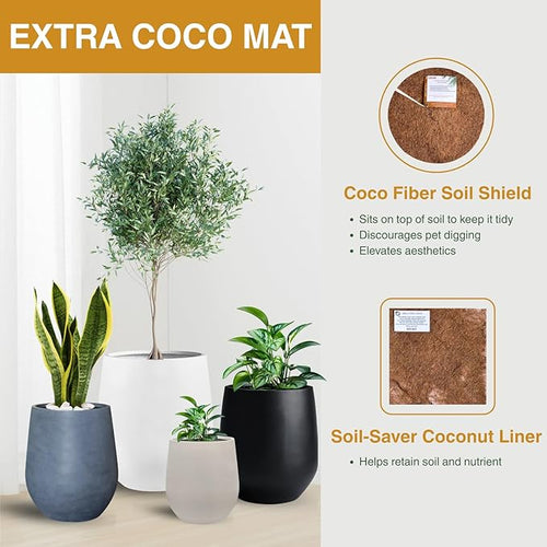 16.5" H x 15" D Corso Fiberstone Round Tapered Planter - Christmas Tree Planter, Smooth Finishes, Weather Resistant for Indoor & Outdoor Use, 2 Extra Coco Mats (Black, 11.5" Pot Opening)