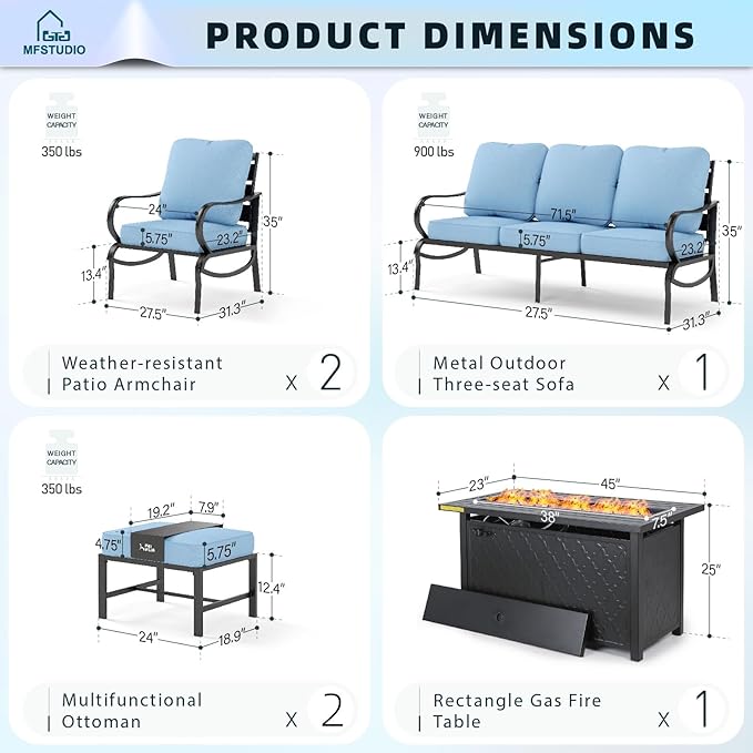 MFSTUDIO 6 Pieces Patio Furniture Sets with 45" Gas Fire Pit Table(Up to 7 Seat),Outdoor Metal Conversation Sofas with 1 x 3-Seat Sofa, 2 Sofa Chairs and 2 Ottoman,Blue Cushion