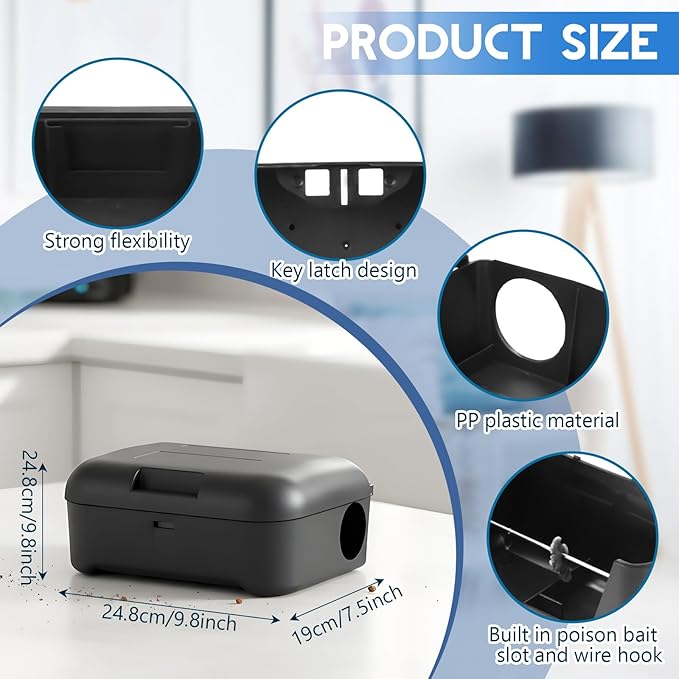 Qualirey 2 Pack Rat Bait Stations Large Rodent with Key Reusable Mouse Stations Mice Blocks Heavy Duty Boxes for Outdoor Rodents Mice Blocks, Bait Not Included, Black (9.8 x 7.5 x 4.3 Inches)
