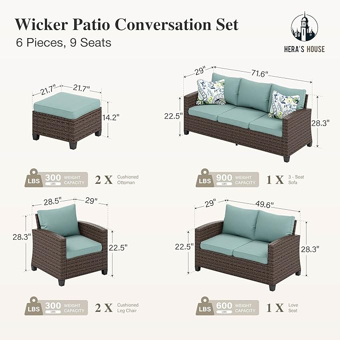 HERA'S HOUSE Wicker Patio Furniture Set, Outdoor Sectional Conversation Sets, 6 Pieces 9 Seats Waterproof Deck Backyard Lawn Furniture, Blue