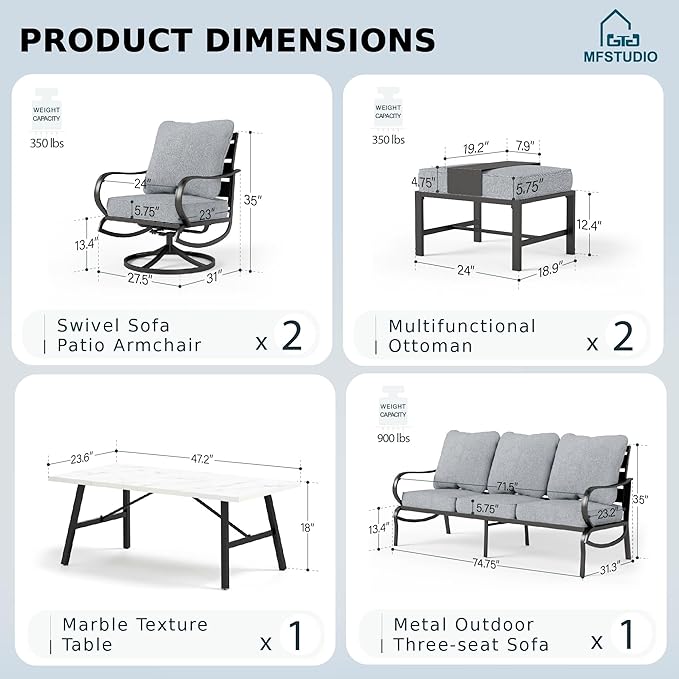 MFSTUDIO 6 Pieces Metal Patio Furniture Sets, 2 Swivel Chair, 1 Deep Seating 3-Seat Sofa, 2 Ottoman & 1 Marbling Coffee Table, All Weather 7 Seats Outdoor Conversation Set for Garden Backyard, Grey