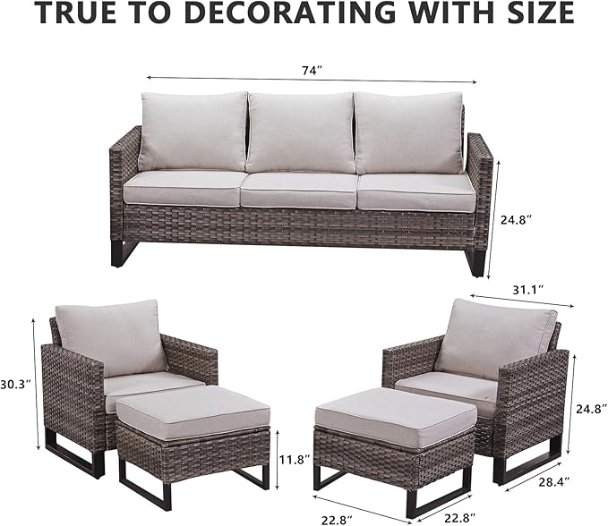 HUMMUH 5 Piece Patio Furniture Set All Weather Wicker Outdoor Sectional Sofa,High Back Patio Chairs and Ottomans for Porch,Garden,Backyard