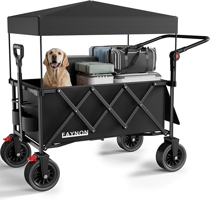 3 in 1 Collapsible Wagon with 300lbs Weight Capacity,150L Heavy Duty Utility Cart with Removable Canopy,with Big All-Terrain Beach Wheels & Drink Holders,Black