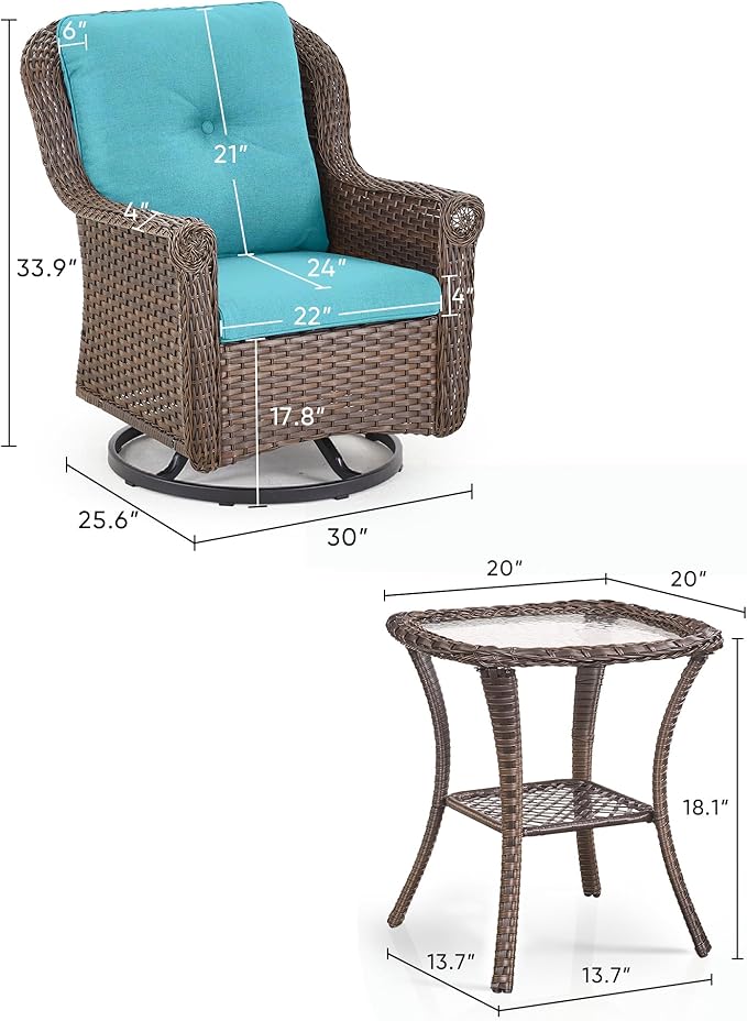 3 Piece Patio Swivel Chairs and Side Table Set - High Back Outdoor Brown Wicker Rattan Rocking Glider with Thick Cushions for Porch Apartment Deck Yard Poolside Garden - Turqoise