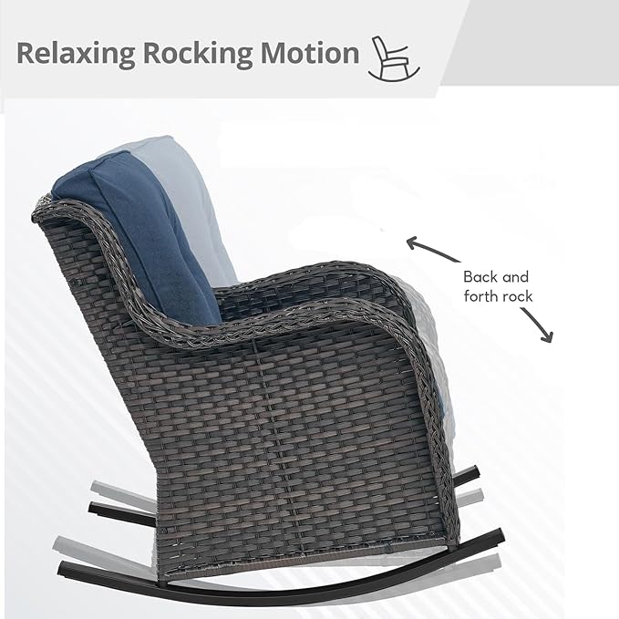 Patio Rocking Chairs Set of 2, Wicker Outdoor Rocking Chairs, Outdoor Gliders Patio Rockers for Porch, Deck, Yard, Garden, Brown Wicker/Blue Cushion