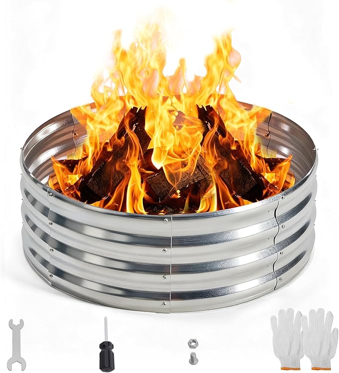 OLIXIS 3FT Round Fire Ring Pit, Outdoor Camp Firepit, Heavy Duty Galvanized Steel 36 Inch Foldable Outside Wood Burning Bonfire Fire Pit Ring for Camping, Backyard, Garden, Beach, Yard Gatherings