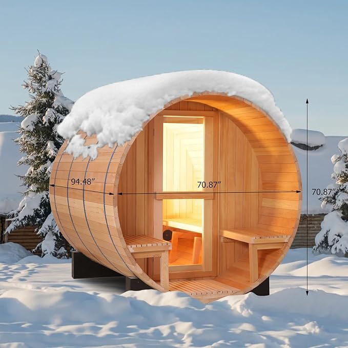 ZONEMEL Outdoor Barrel Steam Sauna, Canadian Hemlock Sauna Room for 6-8 Person, 6KW ETL TOULE Heater, Asphalt Shingles, Canopy Porch, 8mm Tempered Glass, Sauna Stone, Water Bucket, Ladle, Light, 220V