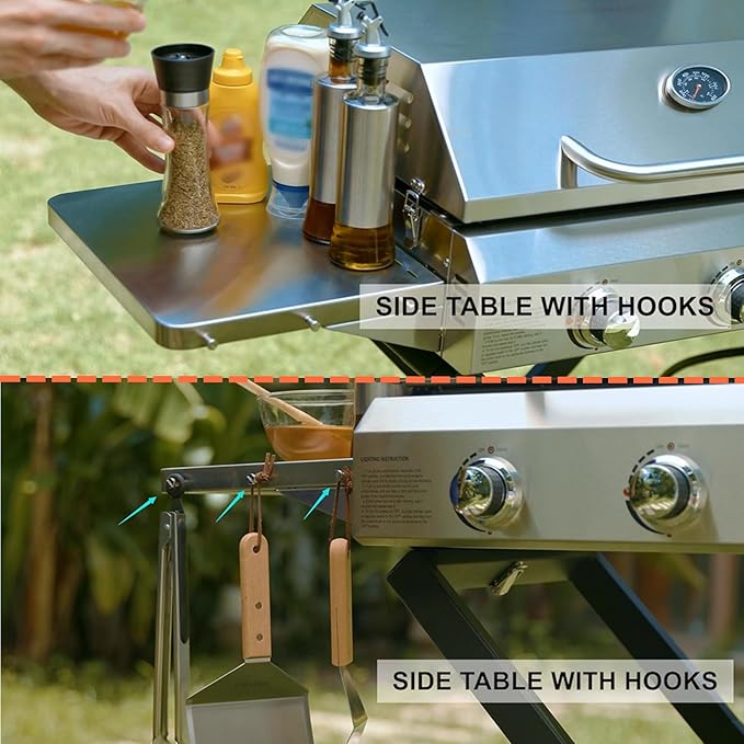 BBQ Gas Grill 3-Burner with Foldable Cart & Side Table, Portable Propane Grill with Lid for Outdoor Patio Backyard Barbecue Camping Tailgating RV Trip, Stainless Steel, GS308