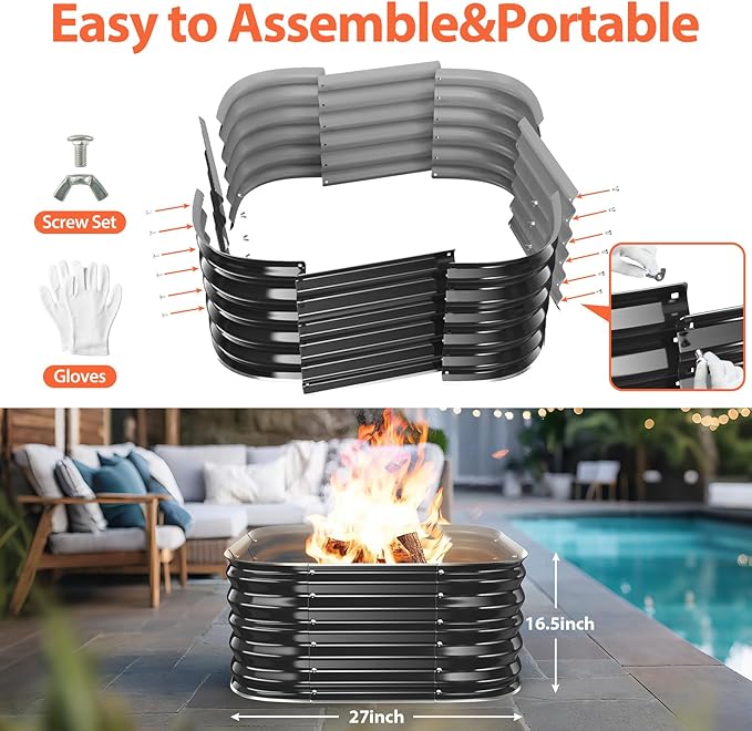 16.5''Tall Fire Pit Ring for Outside - 27IN Heavy Duty Square Wood Burning Firepit &Outdoor Fireplaces,High Heat Resistant,Galvanized Steel Metal Bonfire Pits Portable for Camping,Backyard,Beach,Patio
