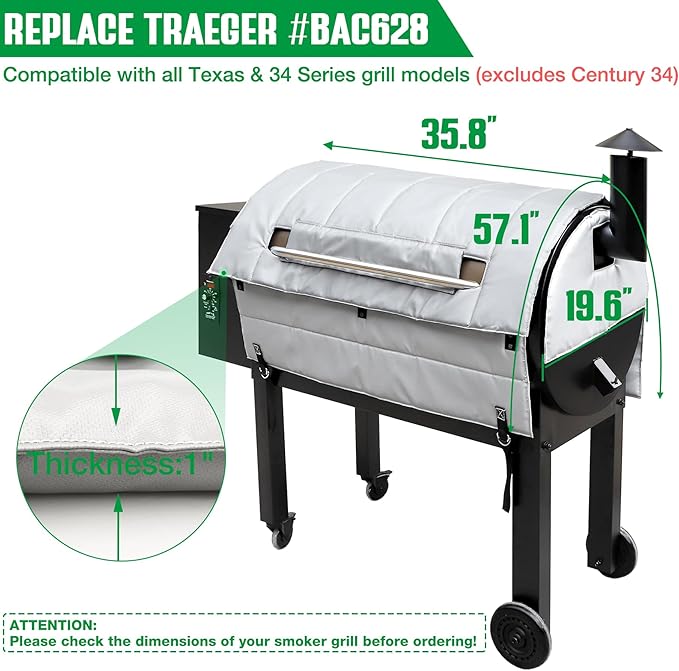 Grill Thermal Insulation Blanket for Traeger Pro Series 34 Texas Smoker Insulated Cover Insulator BAC628 Replacement Parts Winter Cooking Smoking BBQ Grilling Accessory