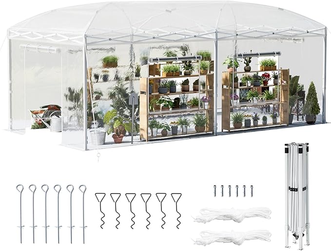 AMERLIFE 19.2×10×8.5 FT Pop-up Greenhouses for Outdoors Indoor with Adjustable Strong Frame, Movable Walk in Greenhouse with 2 Roll-up Zipper Doors, Windows and PE Cover, White