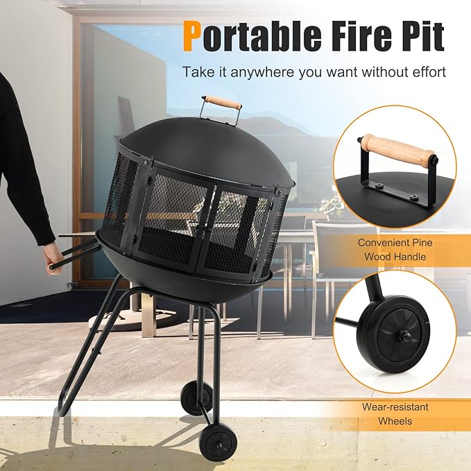 ORALNER Portable Fire Pit on Wheels, 27” Outdoor Wood Burning Firepit Cage w/Spark Screen Cover, Log Grate, Fire Poker, Steel Patio Firepit w/BBQ Grill for Outside Camping, Picnic, Backyard Bonfire
