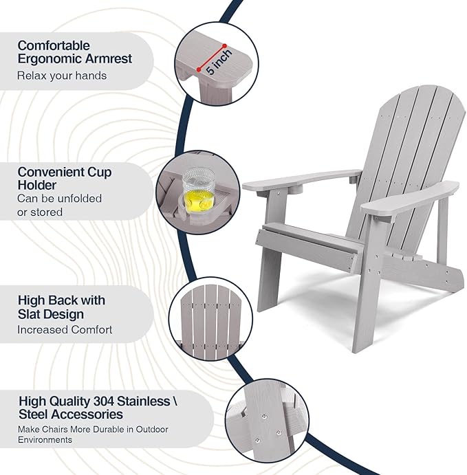 Adirondack Chair, All Weather Resistant Plastic Chairs with Cup Holder, 5 Easy Steps to Install, Outdoor Chairs for Patio, Garden, Backyard Deck, Lawn, Fire Pit - Grey