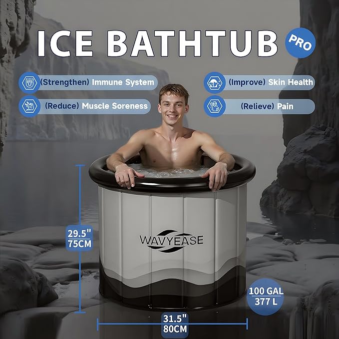 WAVYEASE® Upgraded Portable Cold Plunge Tub for Athletes & Adults | 100 GAL Foldable Ice Bath with Insulative Cover | Instant Setup for Indoor & Outdoor Recovery (Gray)
