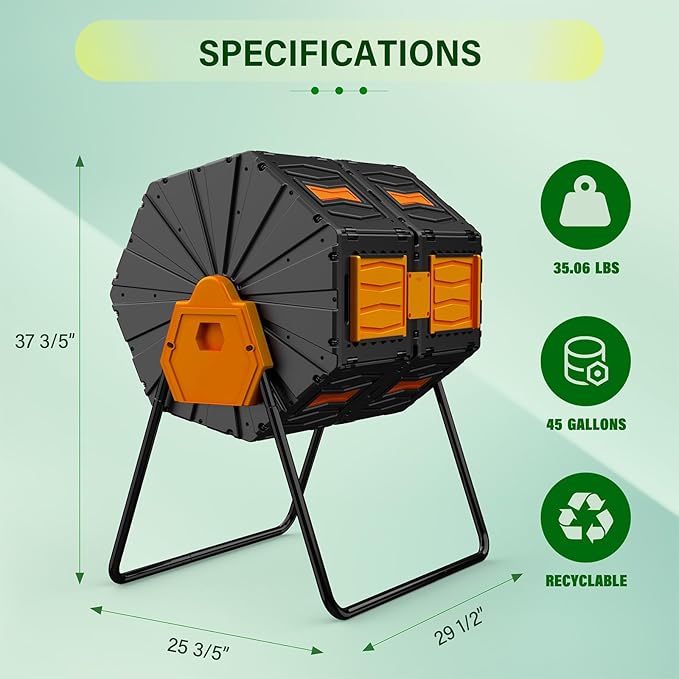 AACULPET Compost Bin Outdoor 45 Gallon, BPA-Free Dual Chamber Rotating Composter for Kitchen Waste, Heavy-Duty Fast Compost Tumbler Great Sustainable Gift for Winter Garden Yard & Spring Ready Soil
